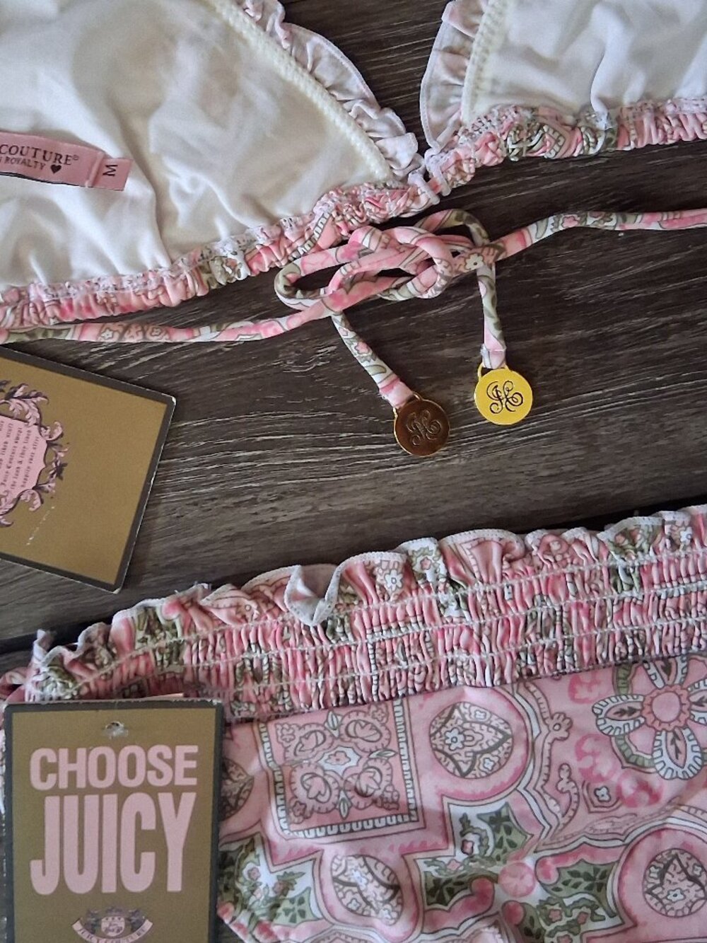 JUICY COUTURE PINK SMOCKED STRING BIKINI Medium or Large NEW - Picture 7 of 14